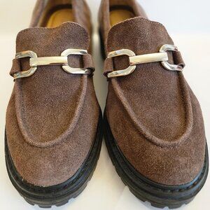 Kelly & Katie loafers, brown suede, chunky platform, metallic gold-tone hardware